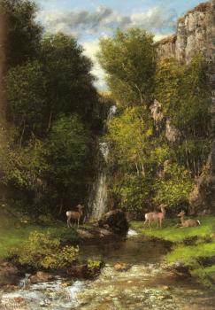 古斯塔夫 庫爾貝 A Family of Deer in a Landscape with a Waterfall